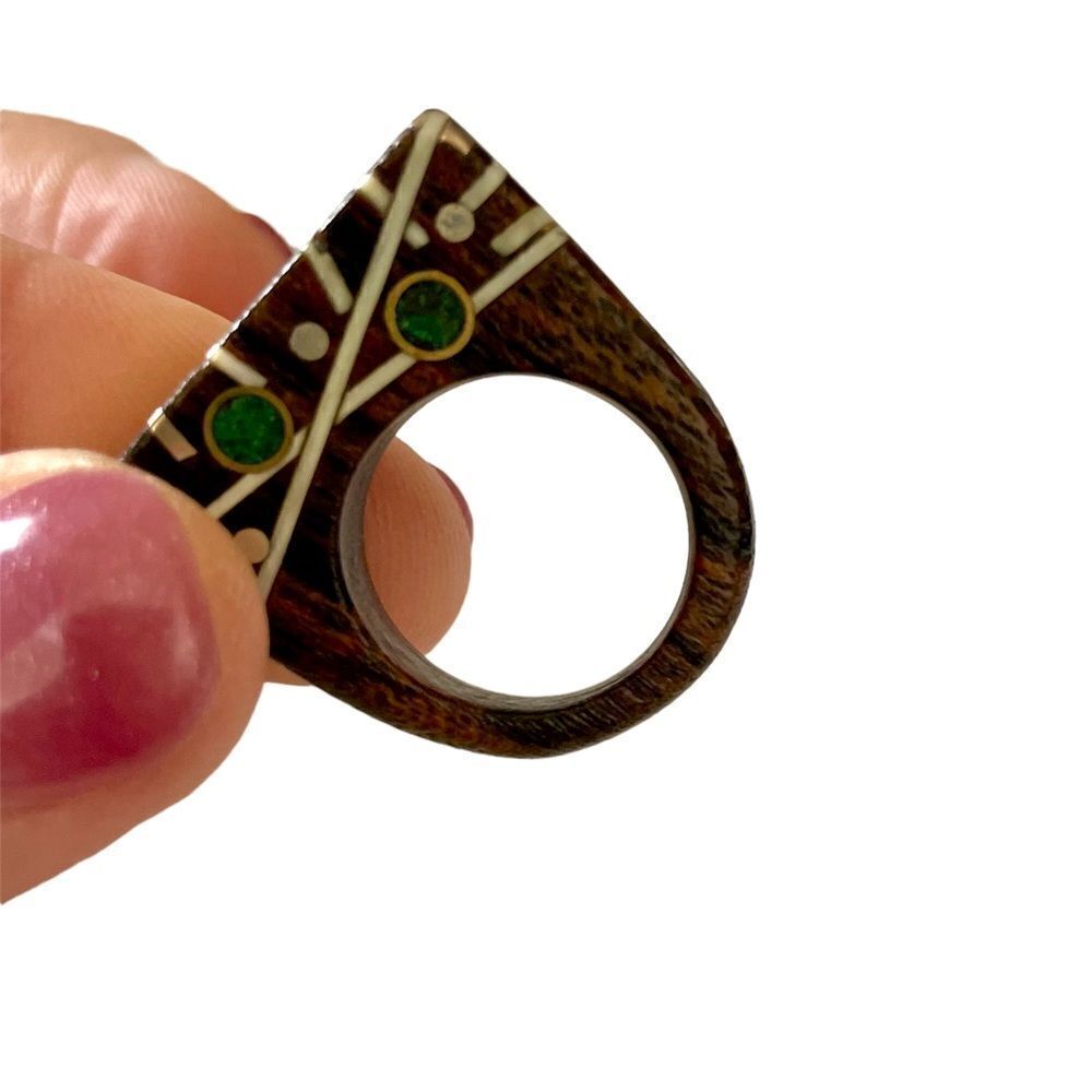 Wood Ring, Hand Crafted NB Artisan, Green/White Inlays
